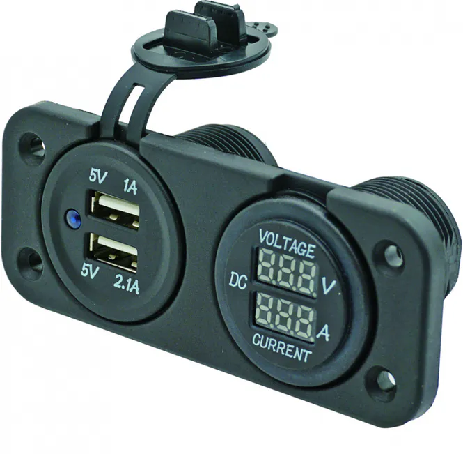 Hovedbilde USB uttak + volt- og amperemeter 6-30V