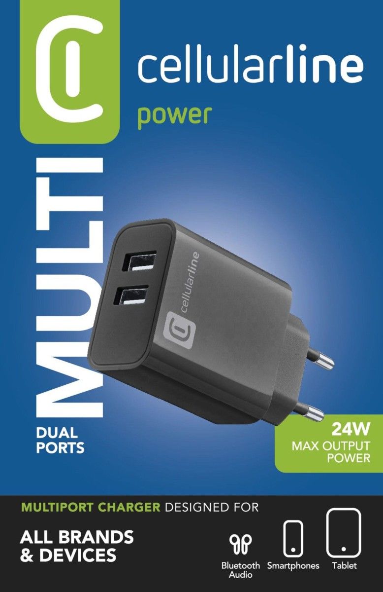 USB lader 220V med to porter 12W + 12W